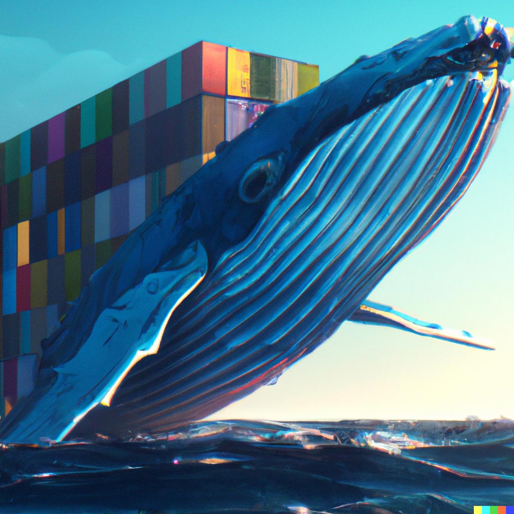 DALL·E prompt: Blue whale with stacks of shipping containers on it's back, cgsociety artstation trending 4k